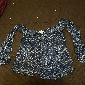 Women's Blue Patterned Off-Shoulder Top